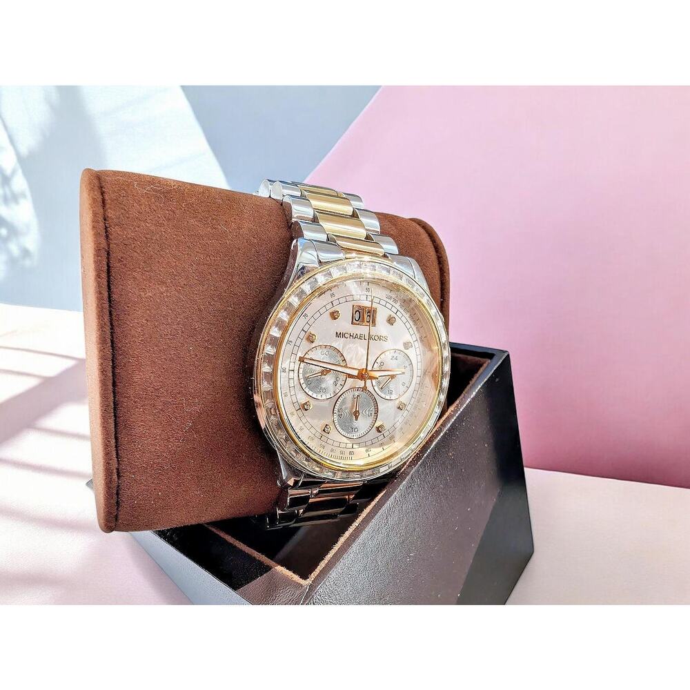 NWT Michael Kors Chronograph Crystal Watch Gold Silver MK6188 Brinkley